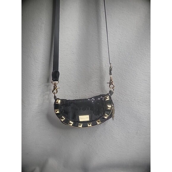 Vintage Betseyville Betsey johnson Purse Shoulder Black Gold Sequin Fold Over - Picture 3 of 15